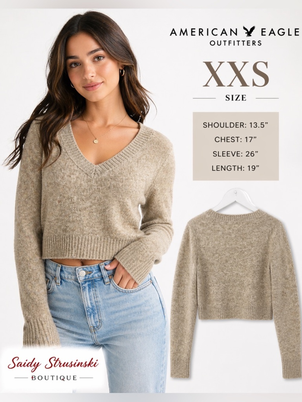 American Eagle Beige Cropped Sweater XXS Soft Knit V-Neck Cozy